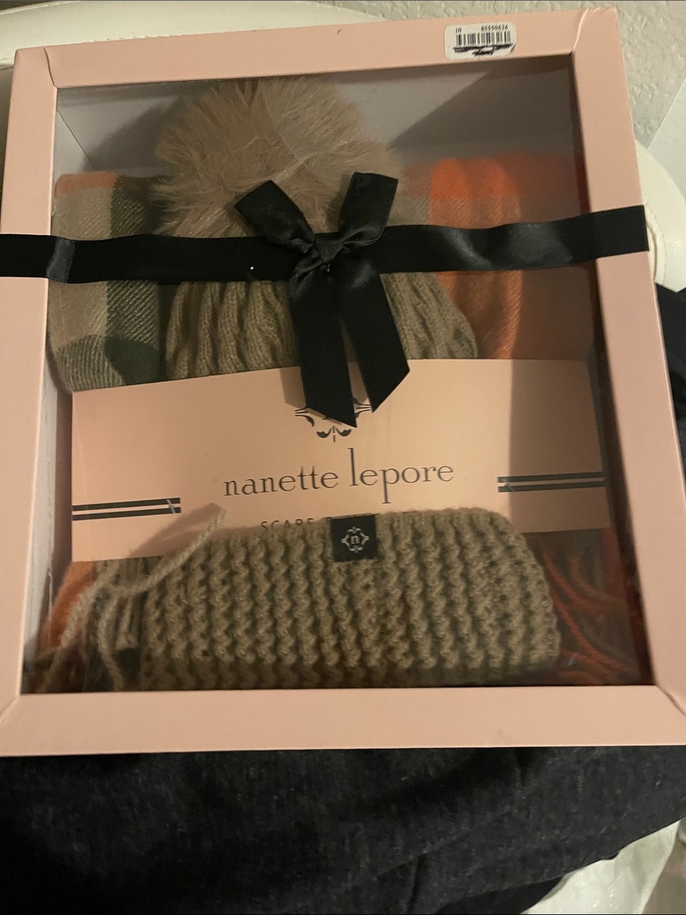 Nanette Lepore Khaki Knit Beanie & Scarf Set with Faux-Fur Pom